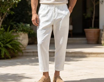 Ramie Cotton Blend Breathable Loose Fit Men Multi Color Straight Leg Pants, Lightweight Drawstring Summer Casual Ankle Trousers
