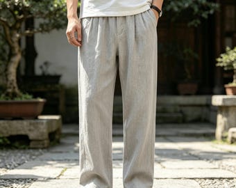 100% Leinen Atmungsaktive Lose Männer Multi Color Kordelzug Hose mit geradem Bein, Leichte Elastische Taille Sommer Lässige Lange Hose