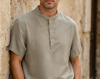 Men's Solid Tencel Linen Stand Collar Shirt, Breathable Soft Short Sleeve Business Commuter Top