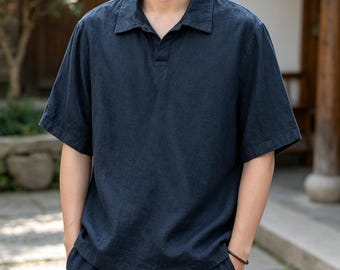 100% Linen Breathable Soft Men Multi Color Polo Shirt, Loose Lightweight Business Casual Summer Short Sleeve Top