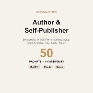 May include: A digital product graphic titled Author & Self-Publisher by NORTHLIGHTFINDS. It features 50 prompts to brainstorm, outline, revise, blurb, and market books. The design includes the number 50, 8 categories, and logos for ChatGPT, Claude, and Gemini.