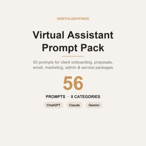 May include: A digital product graphic titled Virtual Assistant Prompt Pack by NORTHLIGHTFINDS. It features 50 prompts for client onboarding, proposals, email, marketing, admin, and service packages, with 56 prompts across 8 categories for ChatGPT, Claude, and Gemini.
