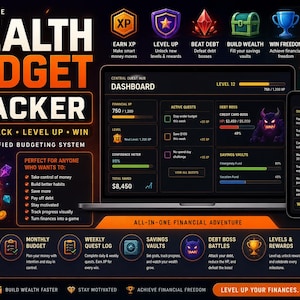 Op de afbeelding: Een digitale budgettracker-interface met een donker thema en oranje accenten. Het scherm toont een dashboard met financiële XP, actieve missies, een schuld-baas, spaarkluizen en een wekelijks missielogboek, inclusief iconen zoals een gamecontroller en trofee.