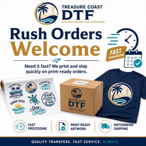 May include: A promotional graphic for Treasure Coast DTF featuring a navy blue t-shirt, a cardboard shipping box, and a white transfer sheet with various circular designs including palm trees, a sea turtle, and text like Coastal Vibes.