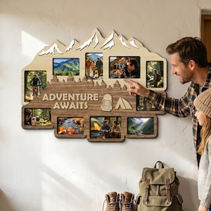 Adventure Awaits Photo Frame, Personalized Mountain Travel Collage Frame, Rustic Wood Picture Frame Decor, Mountain Trip Anniversary Gift