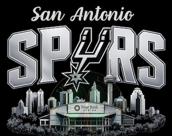 May include: A black graphic design featuring the text San Antonio Spurs in silver lettering with a black outline. Below the text is a cityscape illustration including the Frost Bank Center and a tall tower, all rendered in shades of silver and black.