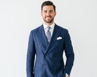 Handgemaakt marineblauw linnen herenpak, double-breasted zomerbruiloftblazer en broek