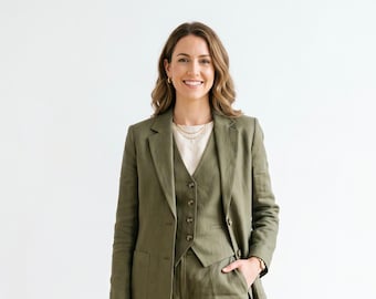 Women Olive Green Linen 3-Piece Suit Set, Tailored Blazer Vest Pants, Wedding Guest Outfit