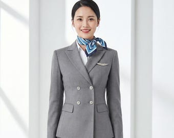 Women's grey Linen Double-Breasted Suit Set, Tailored Blazer Vest Pants
