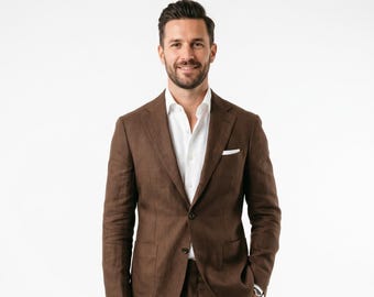 Brown Linen Suit, Men's Handmade Summer Wedding, Custom Tailored Blazer & Pants