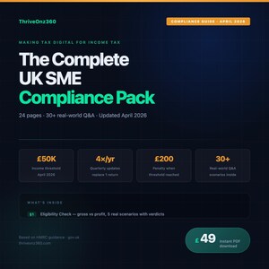 May include: A dark blue digital document titled The Complete UK SME Compliance Pack, dated April 2026. It features text detailing 24 pages, 30+ real-world Q&A, income thresholds of £50K, quarterly updates, and a £200 penalty notice for tax compliance.