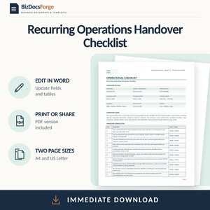 Puede incluir: Una plantilla digital para una lista de verificación de transferencia de operaciones recurrentes de BizDocsForge. El documento incluye secciones para detalles, alcance y verificación con casillas. Editable en Word, imprimible en PDF, disponible en A4 y US Letter.