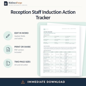 May include: A Reception Staff Induction Action Tracker document template from BizDocsForge. The white page features sections for induction records, purpose, and an action plan table. Icons indicate it is editable in Word, printable as a PDF, and available in A4 and US Letter sizes.