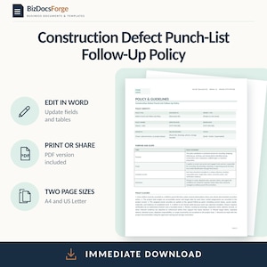 May include: A digital template for a Construction Defect Punch-List Follow-Up Policy document. The white page features black text, tables, and headers including Policy Identity, Purpose and Scope, and Policy Clauses. The layout is professional.