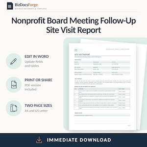 Nonprofit Board Meeting Follow-Up Site Visit Report Template | Fillable DOCX and PDF