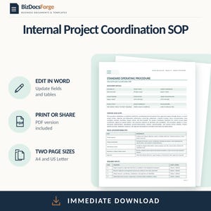 May include: An Internal Project Coordination SOP document template by BizDocsForge. The document includes sections for document details, purpose and scope, roles and responsibilities, and required inputs. It is available in A4 and US Letter sizes.