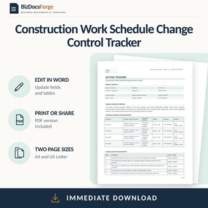 May include: A Construction Work Schedule Change Control Tracker document template by BizDocsForge. The form includes sections for project identity, change control purpose, a schedule change action register, and change review checkpoints.