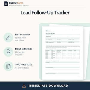 May include: A Lead Follow-Up Tracker business document template from BizDocsForge. The document features sections for tracker details, tracking purpose, and a lead follow-up action tracker table with columns for contact and follow-up dates.