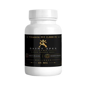 May include: A white plastic supplement bottle with a black label featuring gold text. The label reads Vitamin D3 2,000 IU, Saint Apex Labs, Elevate Enhance Excel, Men's Health, Women's Health, Wellness, and 45 MG. The bottle has a white screw-on cap.