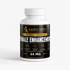 May include: A white plastic supplement bottle with a black and gold label. The label features the text Saint Apex Labs, Premium Formula, Female Enhancement, and 54 MG. Five icons represent hormonal, mood, stress, circulation, libido, and energy support.