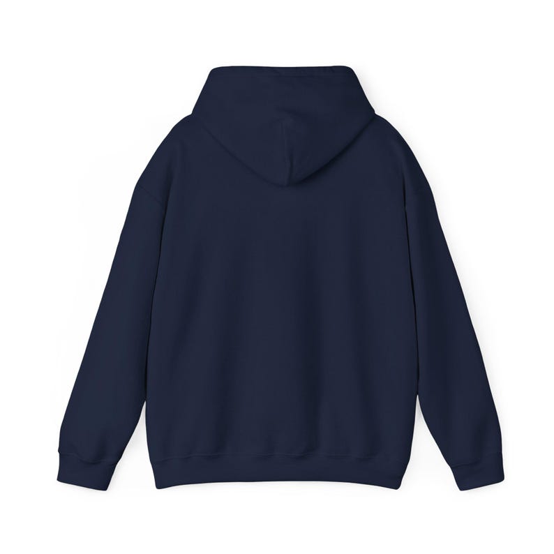 Navy REDEEMED pullover hoodie, back view, plain with no print.