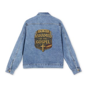 Giacca di jeans / Non mi vergogno del Vangelo - Stampa grafica sul retro, unisex immagine 2