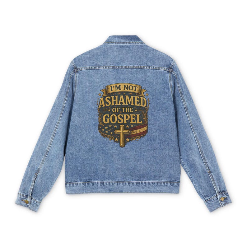 Giacca di jeans / Non mi vergogno del Vangelo - Stampa grafica sul retro, unisex immagine 2