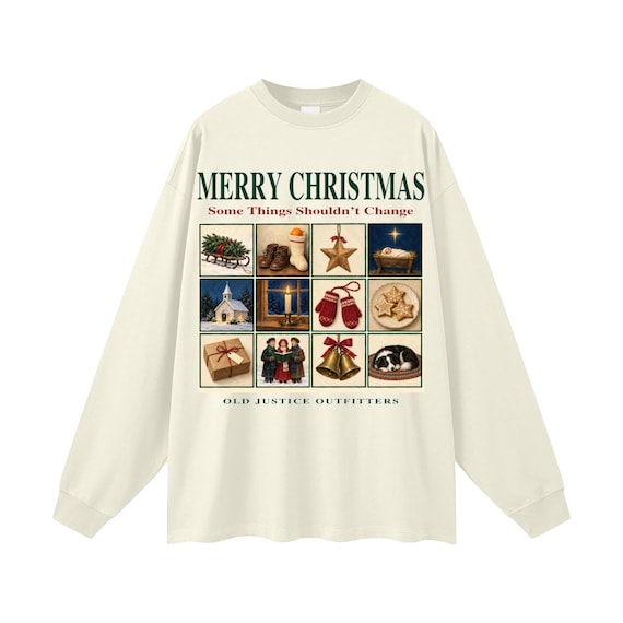 Milk Tea long-sleeve shirt printed with twelve nostalgic Christmas scenes and the words Merry Christmas, Some Things Shouldn’t Change.