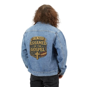 Giacca di jeans / Non mi vergogno del Vangelo - Stampa grafica sul retro, unisex immagine 1