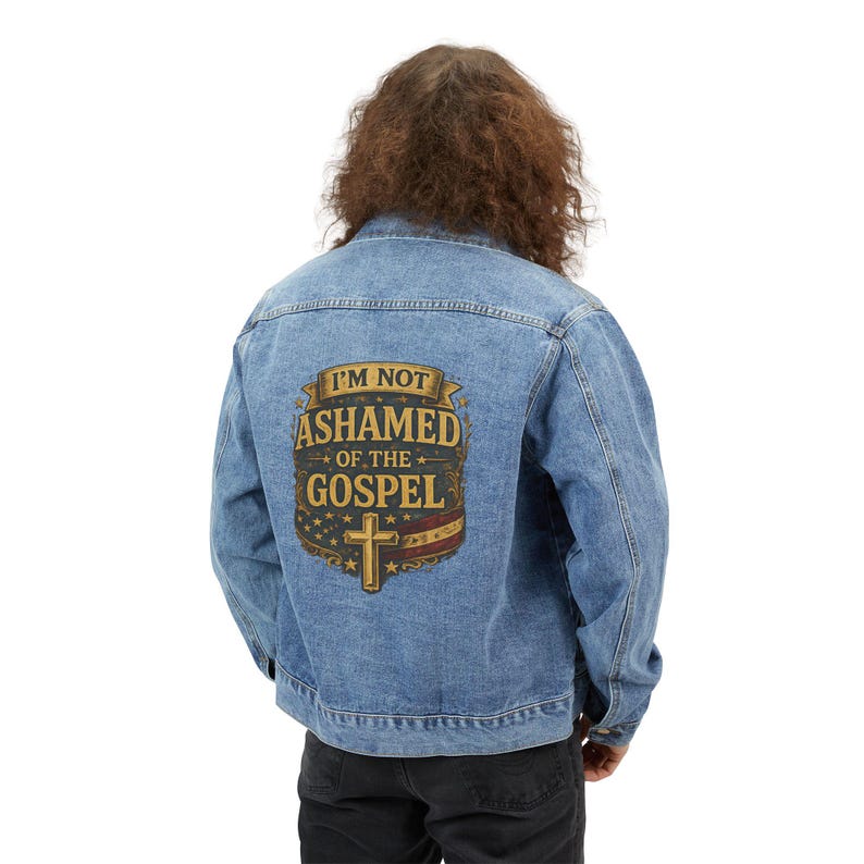 Giacca di jeans / Non mi vergogno del Vangelo - Stampa grafica sul retro, unisex immagine 1