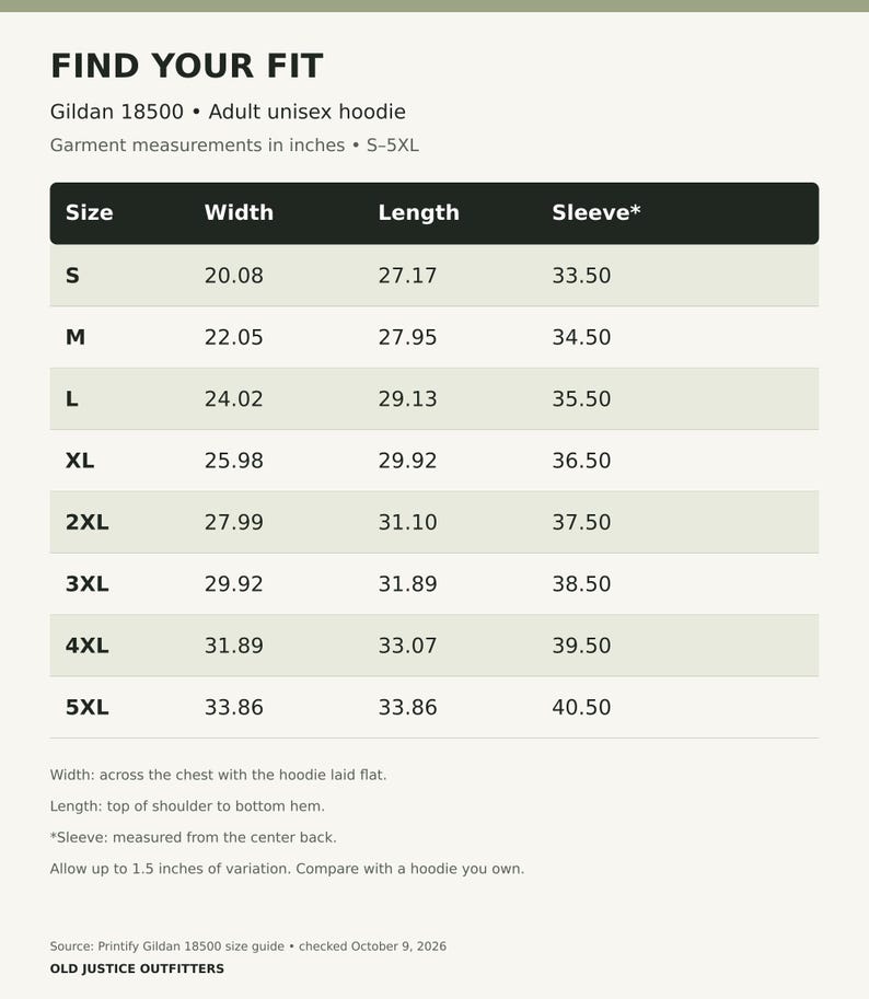 Gildan 18500 hoodie size chart listing body measurements by size.