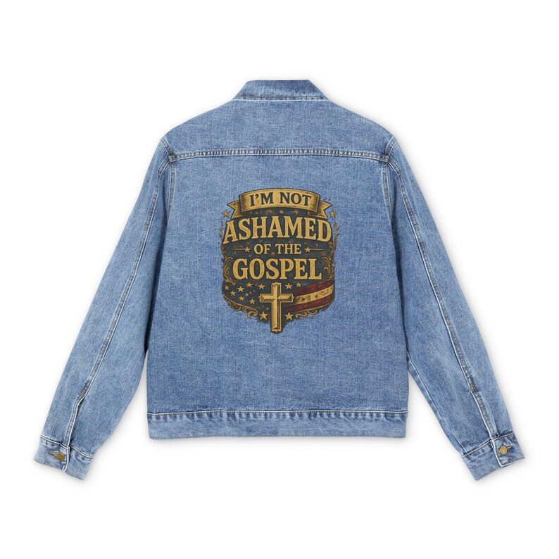 Giacca di jeans / Non mi vergogno del Vangelo - Stampa grafica sul retro, unisex immagine 3
