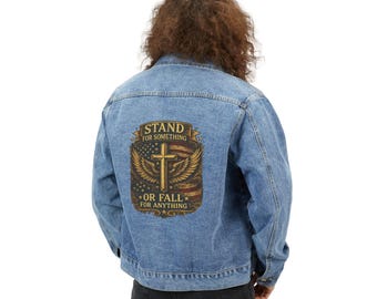 Denim Jacket | Stand for Something Cross Wings graphic - Back Print Graphic Jean Jacket, Unisex