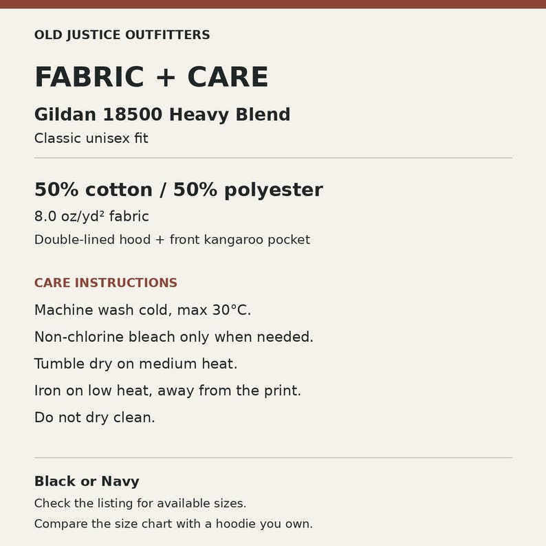 Fabric and care information card for the Gildan 18500 hoodie.