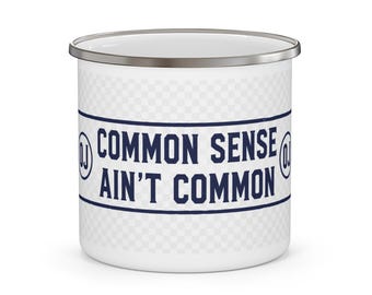 Gezond verstand is niet zo gewoon - emaille campingmok | Grappige quote, retro badge / vaderdagcadeau / moederdagcadeau / cadeau voor grootouders