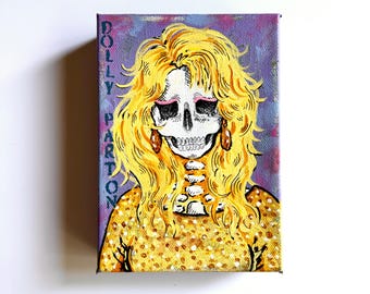 Dolly Parton, Celebrity Skeleton Portrait Painting, 5x7 inches on stretched canvas