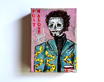 Post Malone, Celebrity Skeleton Portrait Painting, 5x7 inches on stretched canvas