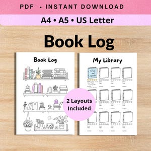 Puede incluir: Una plantilla digital de registro de libros con dos diseños: uno con estanterías ilustradas y plantas en macetas, y otro con contornos de libros en blanco para una lista de biblioteca. El texto incluye PDF, Instant Download, A4, A5, US Letter, 2 Layouts Included.