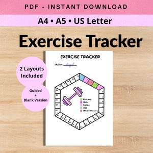Puede incluir: Un documento de seguimiento de ejercicios imprimible con una cuadrícula hexagonal numerada del 1 al 31. El diseño incluye una ilustración de una mancuerna rosa, una leyenda codificada por colores para actividades y el texto "PDF INSTANT DOWNLOAD", "A4 A5 US Letter" y "Exercise Tracker".