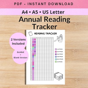 Puede incluir: Un documento imprimible de seguimiento de lectura anual con una cuadrícula para doce meses y treinta y un días. El diseño incluye una leyenda codificada por colores para el conteo de páginas, un dibujo lineal de una persona leyendo y una pila de libros. El texto incluye PDF, Instant Download, A4, A5, US Letter, Annual Reading Tracker, Reading Tracker, 2 Versions Included, Guided + Blank Version y rangos de páginas.