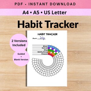 May include: A printable habit tracker document featuring a circular grid design for tracking daily activities. The page includes the text 'HABIT TRACKER', 'Month: July', and labels for Water, Exercise, Sleep, Healthy Eating, and Vitamins with colored segments.