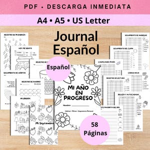 以下が含まれることがあります： スペイン語の印刷可能なジャーナルページのコレクションで、白黒の線画デザインが特徴です。ページにはエネルギー、習慣、貯蓄、読書、気分のトラッカーが含まれており、Mi Año en ProgresoやMi Septiembreなどのテキストが記載されています。