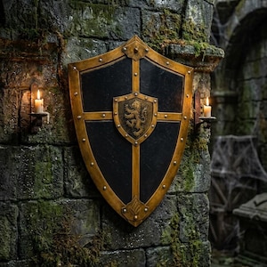 May include: A heater-style shield featuring a black central field framed by a metallic gold border with silver-toned rivets. A smaller gold shield is mounted in the center, displaying a raised relief of a rampant lion facing to the left.