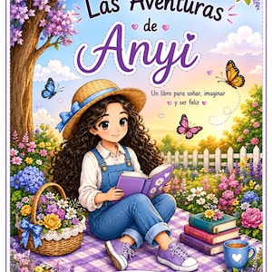 Puede incluir: Una portada de libro titulada Las Aventuras de Anyi que muestra a una persona con cabello largo y rizado, sombrero de paja y peto azul, leyendo un libro morado en un jardín con flores, mariposas, una cesta, libros y una taza azul.