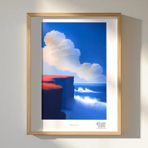 Red Grass Cliff Wall Art Print, Close Ocean Horizon, Minimal Coastal Poster