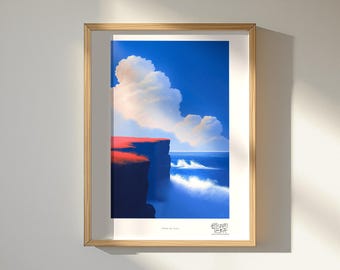 Red Grass Cliff Wall Art Print, Close Ocean Horizon, Minimal Coastal Poster