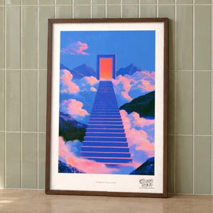 Cloudborne Staircase Portal art print on a wall, room view
