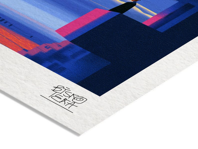 Close-up of the printed signature on the fine-art giclée paper of the Balcony Men Stillness print