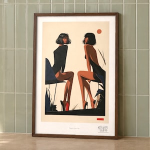 1980s Fashion Illustration art print on walnut frame, sage tile wall, two women wall art