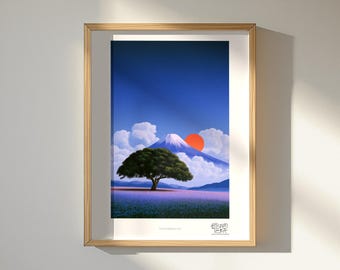 Lámina decorativa de estilo zen para pared, pradera de lavanda y flores silvestres del Monte Fuji, decoración tranquila.